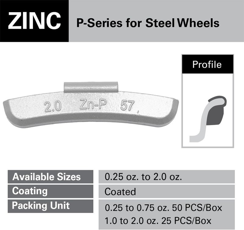 CKAuto P Series Zinc Clip on Wheel Weights 2.0oz, Coated, 25Pcs/Box Fit for Steel Wheel - Image 2